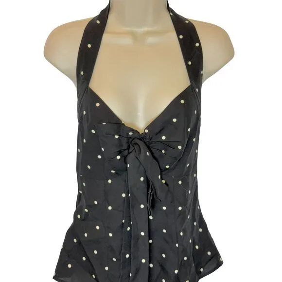 LPA Romi Halter Top Revolve Black Cream Polka Dot Knot Front Backless Peplum NWT - Picture 3 of 9